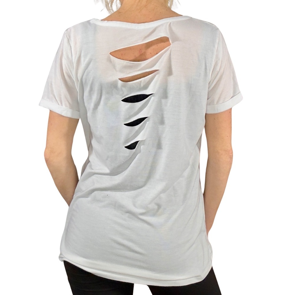 V-Neck White Loose-Fit‎ Cutout Tee